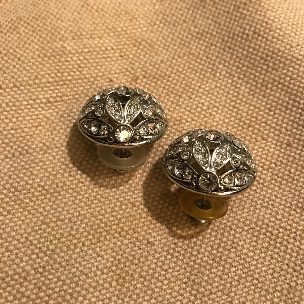 Pair Of Stainless Steel And Crystal Button Earrings- New